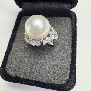 Sterling Silver 925 Large Faux Pearl CZ Cocktail Ring Size 8 Statement